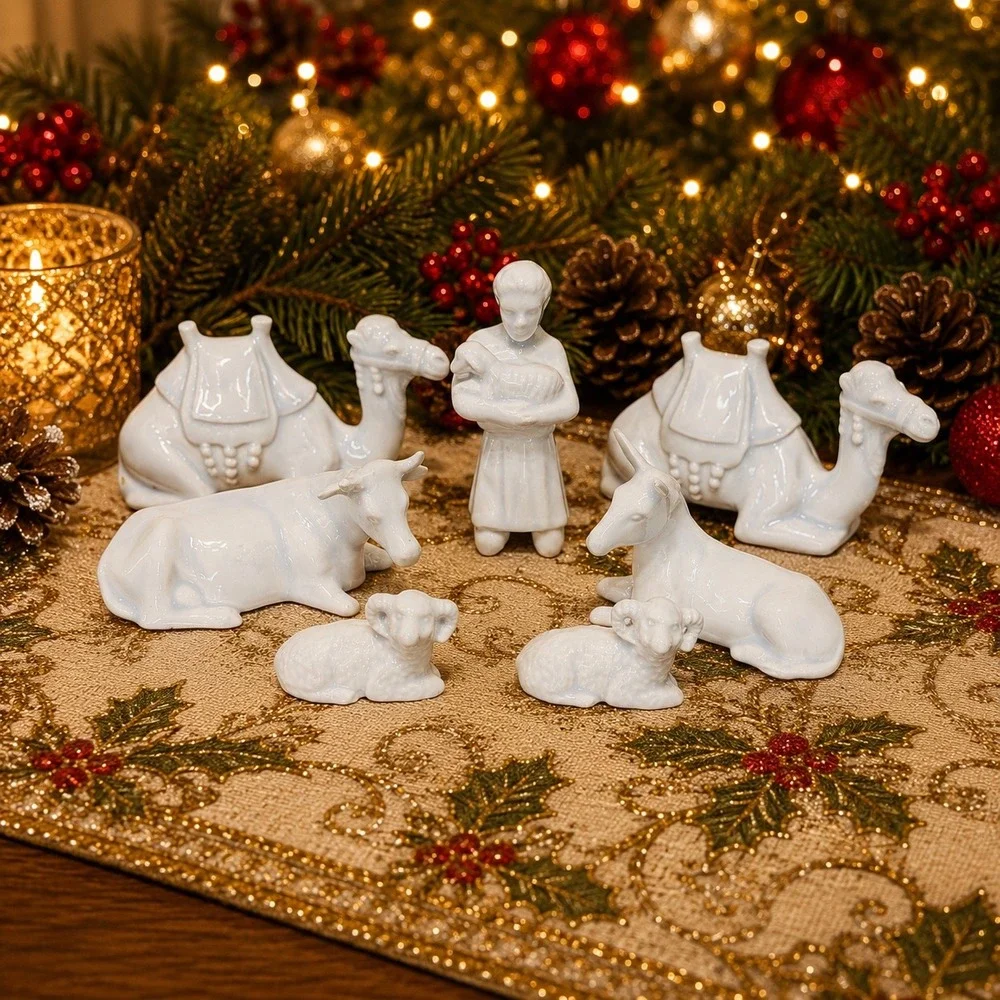 Porcelain Nativity Set of 13 Glossy Christmas Figurines Vintage Handmade Marked
